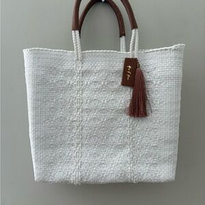 Mavis Herrera Chic White Woven Tote Bag with Brown Leather Handles